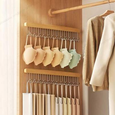 1pc, Suitable For Wardrobe Hook Hanger, With 8/12 Hooks Retractable Hanging Rack, Used For Organizing Underwear And Belt Storage In The Wardrobe, Sturdy Wooden Belt Rack Wardrobe Accessories