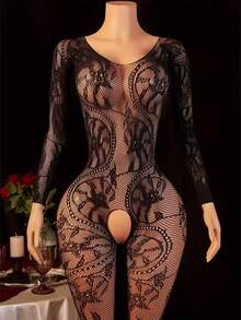 Women's Elegant Gothic/Sexy One-Piece Sheer Mesh Dress Bodystocking - Backless & Open Crotch Design, Low U-Neck, Hollow Leg, Hand Wash, Suitable For Formal And Casual Occasions, Theme Party Costume (Black) - Ideal For Masquerade Parties And Special Events - Embroidered Dreamlike Pattern, Sheer Mesh Fabric, Comfortable Fit, Fashionable Sexy Design - Black - View 1