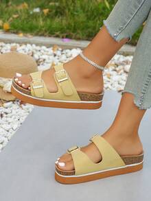 Saboți confortabili pentru femei cu branț din plută, Sandale pentru femei cu branț din plută, Papuci plați casual pentru femei, Îmbrăcăminte de vară, Sandale cu vârful deschis, Stiluri noi de primăvară, toamnă și vară, Îmbrăcăminte de vară pentru femei împletită, Doamne franceze la modă cu fuste pentru ieșiri la mare și la plajă - Galben - Vizualizare 4