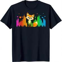Cool Black T-Shirt With Cartoon Fox Rainbow Equalizer & Stars Graphic - 黑色 - 查看 1