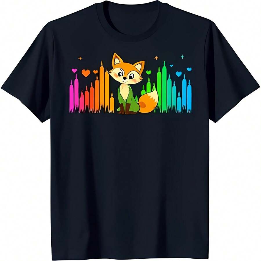 Cool Black T-Shirt With Cartoon Fox Rainbow Equalizer & Stars Graphic - 黑色 - 查看 1