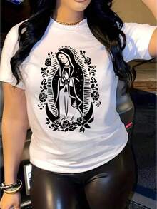 Women's New Style Women's New Style New Religious Spanish Prayer T-Shirt Virgin Mary And Our Lady Of Guadalupe Design Loose Round Neck Short Sleeve Top Breathable Pink And Black Casual Christian Clothing Suitable For Daily Wear And Pilgrimage Floral Prayer Pattern Machine Washable Comfortable Fit Spring And Summer Wear Ribbed Edge Relaxed Fit Light Beige AndBlack,MediumStretchFabric,DigitalPrint,Non-PaddedHoodedStyle,SpiritualFashion,PilgrimageClothing,MediumStretchMaterial,Faith-BasedClothing - trắng - Xem 12
