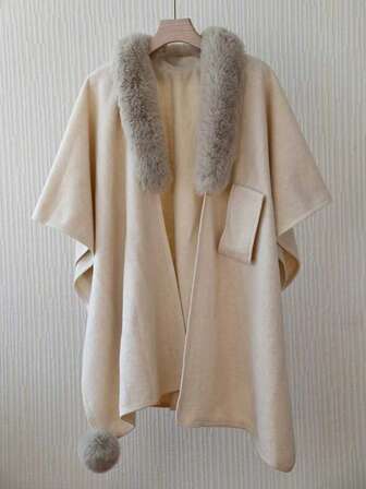 1 st elegant enfärgad stickad kapponcho med fuskkaninpälskrage för kvinnor, moderiktig mångsidig tjock varm lös kofta, kappa, ytterkläder, lämplig för vardagsbruk, höst/vinter