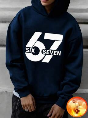 Tween Boy "67" Numeral & Letter Graphic Print Fleece Lined Pullover Sweatshirt Sweatshirt, Warm & Comfortable For Autumn/Winter