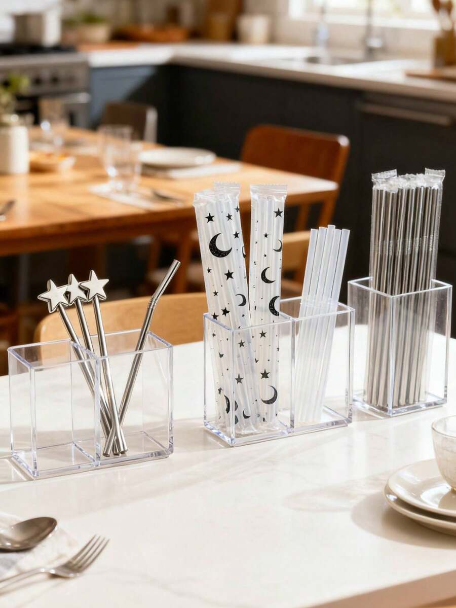 1PC Transparent Partition Straw Storage,Suitable For Kitchen&Restaurant, Office,Arab Family Festival PartyTableware And Milk Tea Straw And Straw Storage, Organized And Stored In Separate Compartments