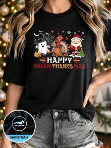 Camiseta informal de punto con cuello redondo, manga corta y hombros caídos para mujer con estampado "HelloThanksMas" para Halloween, Acción de Gracias, Navidad y otras festividades. - Negro - Ver 1