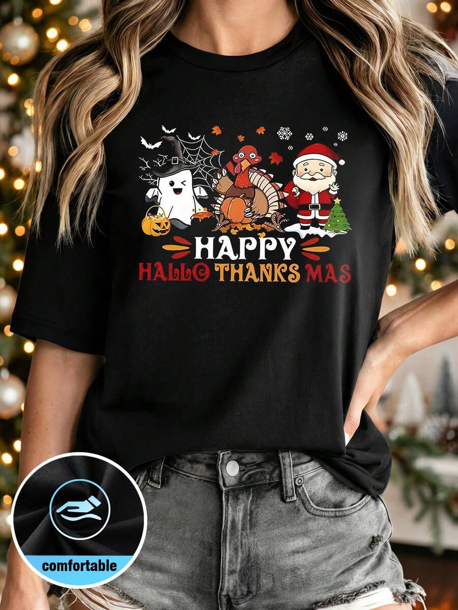 Camiseta informal de punto con cuello redondo, manga corta y hombros caídos para mujer con estampado "HelloThanksMas" para Halloween, Acción de Gracias, Navidad y otras festividades. - Negro - Ver 1