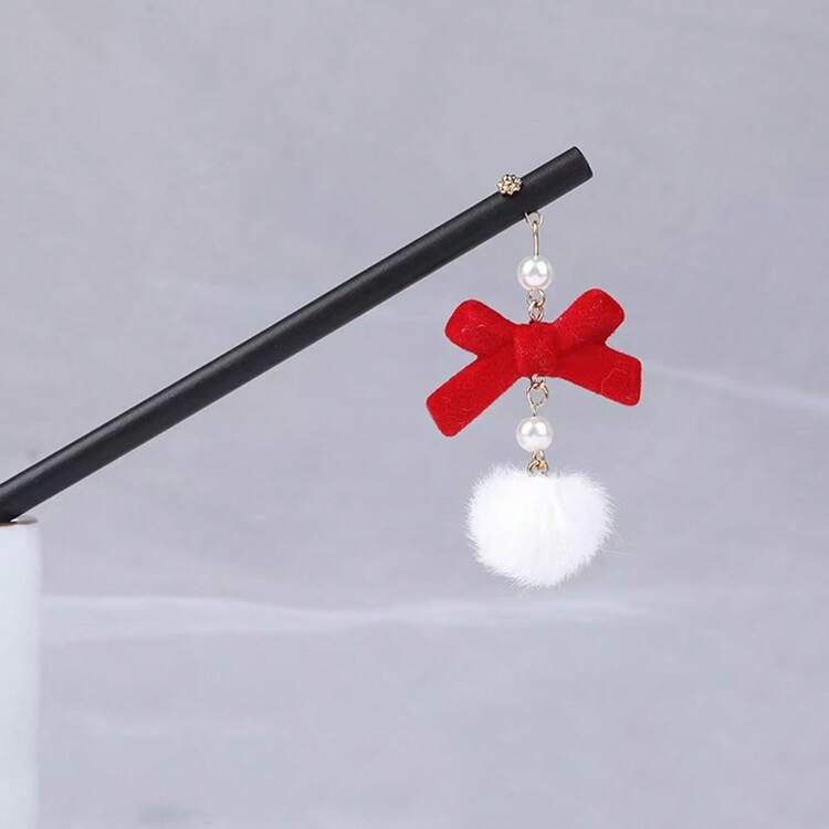 1pc Autumn/Winter Fuzzy Ball & Flower Hairpin, Retro Style Hair Accessory With Red Plush Bow, Fluffy Ball Headpiece For Hanfu, Valentine's Day Gift, Bun Extension, Pins For Hair, Hair Styling Pins - Multicolor 1 - View 4