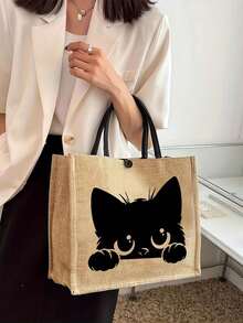 猫咪主题手提包套装：女士手提包套装，包含1个黑色卡通猫咪图案手提包和1个印有猫、鸟、海浪、花朵图案的小包/零钱包，适合海滩旅行，时尚大容量化妆包，旅行化妆包，生日、节日、圣诞节、情人节送给家人和朋友的理想礼物。 - 彩色 - 查看 7