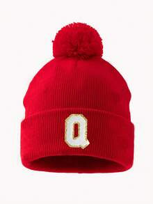 1pc Women's Fashion A-Z Letter Fuzzy Pom Pom Knit Beanie Hat, Suitable For Autumn/Winter Daily Warmth And Outfits - Red - View 10