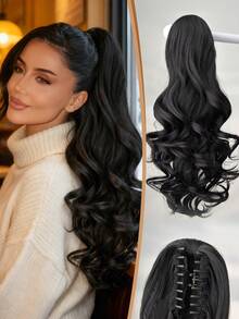 Extensiones de cabello con cola de caballo de 24 pulgadas, onduladas y naturales, de fibra sintética suave y natural resistente al calor, adecuadas para uso diario de mujeres, en colores variados - Negro - Ver 11