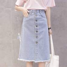 Falda de mezclilla con botones frontales para mujer, casual, cintura alta, dobladillo deshilachado con bolsillo, longitud a la rodilla, falda de mezclilla, Azul, - inicial - Ver 3