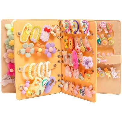 1个女童蝴蝶结发饰收纳袋，便携式旅行毛毡发夹展示收纳整理册，大容量可折叠发箍及发饰收纳袋（不含发饰）