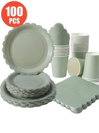 25件套鼠尾草绿花瓣形一次性餐盘、餐巾纸和纸杯，派对用品，适合25位客人，一次性纸盘，适用于生日、婚礼、派对、家庭野餐