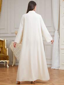 Elegant Long Women Kaftan Jalabiya With Notched Neckline And Intricate Embroidered Fabric, Regular Long Sleeves - Beige - View 2