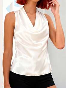 Women Satin Halter Tank Tops Fitted Solid Color Cowl Neck Sleeveless Shirts  Summer Streetwear - Màu be - Xem 3