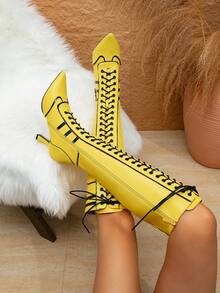 Motorcycle Sexy Faux Leather Lace-Up Party Wear, All Season - Yellow - View 2