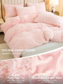 3件套纯色毛绒蓬松被套套装，含1件毛绒被套和2个枕套，适用于卧室、客房，尺寸可选：特大号、大号、标准双人床、单人床，圣诞礼物 - 淺粉色 - 查看 6