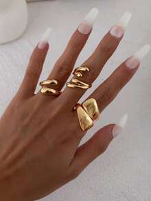 3 pièces/Set de bagues vintage minimalistes en métal à gouttes d'eau géométriques, ensemble de bijoux épais multicolores de mode asymétrique de conception unique, convient pour les tenues quotidiennes des femmes, les cadeaux de vacances, la décoration des fêtes et des banquets