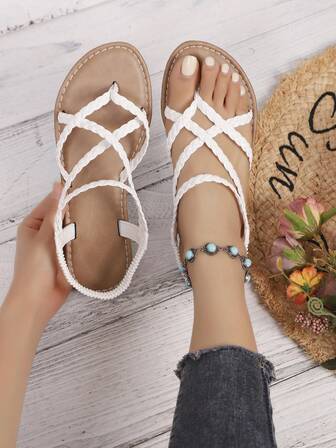 Women's Flat Woven Thong Sandals, Thick Soft Insole, Solid Color Bohemian Casual Chic Vacation Elegant PU Leather Criss-Cross Strap Flat Sandals, Beach Summer