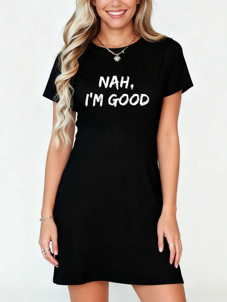 Nah I'm Good Funny Humor Meme Hipster Comeback T-Shirt Dress T-Shirt Dress Women's Dress, Casual Summer Dress - Black - View 1