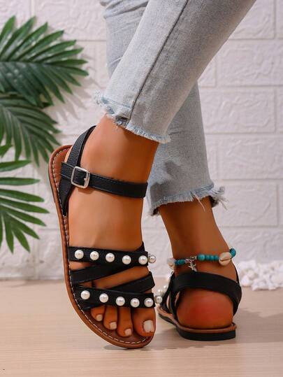 1 Pair Women's Fashion Beach/Resort PU Leather Criss-Cross Pearl Beaded Buckle Solid Color Flat Sandals, Suitable For Beach, Wedding, Outdoor, School, Summer