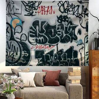 1 st gobeläng, svartvit gatugraffitigobeläng i konststil, lämplig för vardagsrum, sovrum, festbakgrund, bakgrundsdekoration för direktsändning, heminredninggobeläng, väggdekoration, rumsdekorationgobeläng.