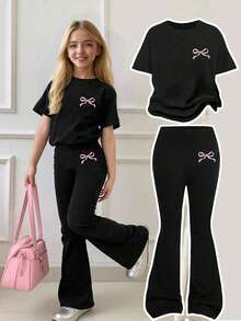 Tween Girls' Bow Print Short Sleeve T-Shirt And Skinny Flare Pants Casual Outfit - Black - View 1