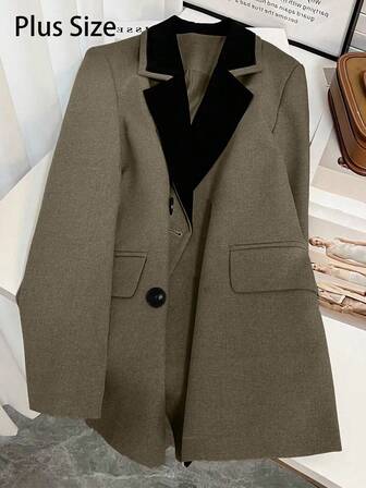 Damen Mokka-braune Blazer mit schwarzem Revers - Doppelreiher, elegante Büro- und Freizeitjacke in Große Größen