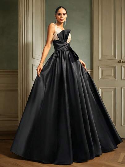 VIPGIRL Đầm dạ hội đen thanh lịch, corset đính sequin với điểm nhấn nơ lớn, đầm dạ hội dài chấm đất, đầm dạ hội trang trọng dành cho nữ, đầm dự tiệc cocktail thời trang, đầm dự tiệc duyên dáng, đầm dạ hội trang trọng dành cho nữ.