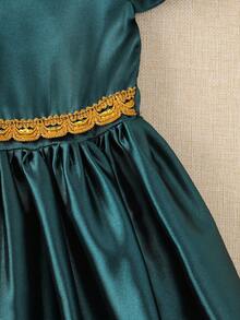 Young Girls Satin Puff Sleeve Dress, Olive Green With Gold Trim Waist Princess Party Dress - Dark Green - View 4