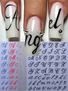 4pcs Gothic Letter Nail Art Stickers, 3D Metallic Black Gold Blue Red Fashion Art Uppercase & Lowercase English Alphabet Letters Symbols Design, DIY Y2K Style Self-Adhesive Valentine's Day Wedding Party Nail Decals Slider Accessories, Women & Girls Nail Art Supplies Gift - Multicolor - View 12