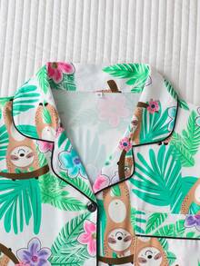 2pcs Sloth Print Casual Women Pajama Set, Lapel Button Short Sleeve Top And Elastic Waist Shorts, Elegant Ladies Sleepwear Homewear - Mint Green - View 2