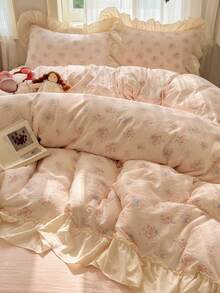 4pcs Floral Bedding Set, Soft & Comfortable Bedroom Linens, Floral Design, Cute Flower & Cartoon Animal Pattern, Breathable & Soft All-Season Bedding Set Including 1 Duvet Cover, 1 Bed Sheet, 2 Pillowcases, No Filling, Suitable For Bedroom, Dorm, Home Use, Multiple Sizes Available - Baby Pink - View 9