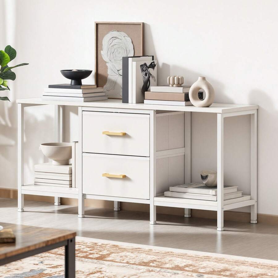 TV Cabinet For Up To 47 Inches - 110x30x50cm, 2 Fabric Drawers & 2 Open Shelves, Steel Frame, Living Room Furniture - 白色 - 查看 1