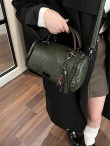 流苏装饰手提包，女士大容量单肩包，可拆卸时尚拉链斜挎包 - 綠色 - 查看 3