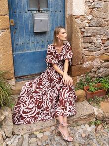 Faeriesty Vestido maxi de gasa elegante estampado, diseño de escote en V profundo, mangas cortas abullonadas - Una mezcla perfecta de clásico y moderno, vestido de gala de longitud hasta el suelo, adecuado para bodas en la playa, fiestas de jardín, ceremonias al aire libre y cenas románticas. Fiesta de primavera - Café integral - Ver 7