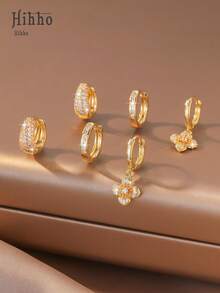 Hihho 6pcs/Set Zirconia Stone Earring Set, Floral & Heart Decor, Sweet & Lively Style, Clover & Hollow Pave Luxury, Simple Solid Hoop & Clover Pendant, Balancing Simplicity & Decoration. Dense Zirconia Inlay, Shiny, Suitable For Daily, Commute, Light Social Occasions - Gold - View 5
