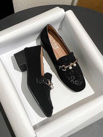 Mengshangli Fyrkantig tå, tjock klack, enfärgad, glamorös, festlig, metallisk pärldekor, högklackade pumps för kvinnor, kontor och året runt, loafers