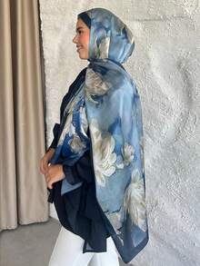 1条女士优雅亮色缎面印花长围巾，时尚顺滑轻盈披肩，适合日常休闲穿着 - 藍色 - 查看 2