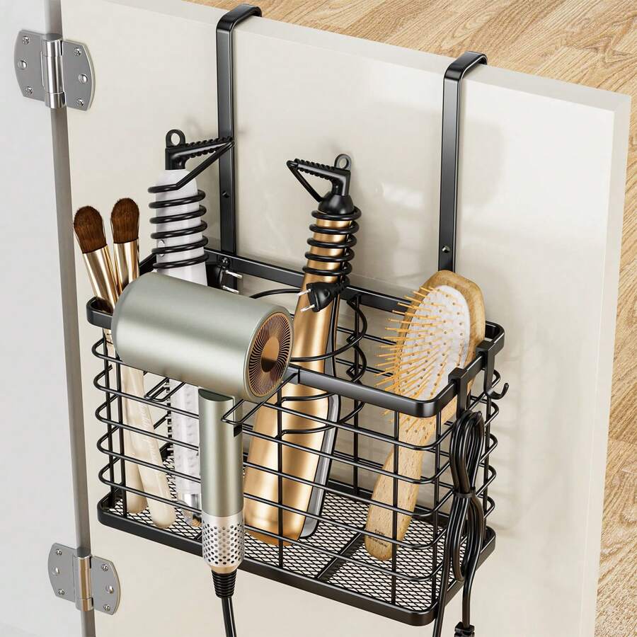 Hair Dryer Holder - 3-In-1 Hair Tool Organizer Blow Dryer Holder Adjustable Height Cabinet Door Bathroom Organizer Storage For Hair Dryer, Flat Irons, Curling Wands, Straighteners - 黑色 - 查看 1