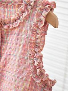 Tween Girl Plaid Frill Trim Single-Breasted Sleeveless Top And Wide Leg Pants Fashion Casual Outfit - Pink - View 4