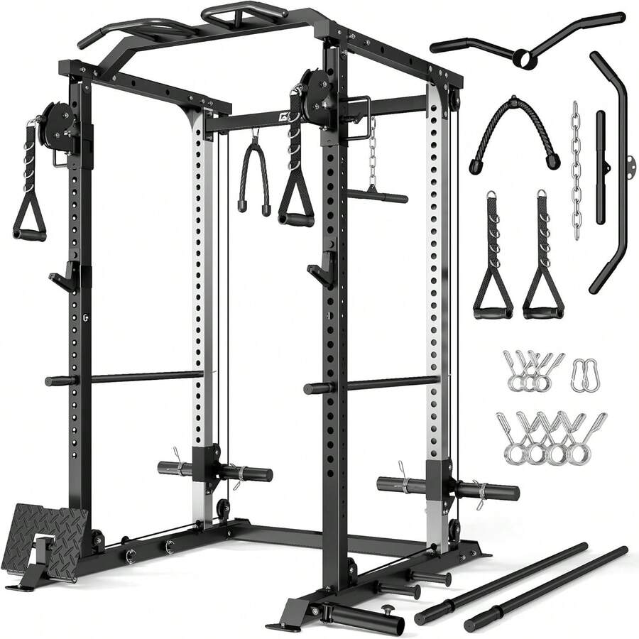 Jaula de potencia DP01, estantería para sentadillas de 2000 libras con sistema de polea cruzada y doble, entrenamiento de Body completo, jaula de potencia con talla grande accesorios de entrenamiento para gimnasio en casa - Negro - Ver 1