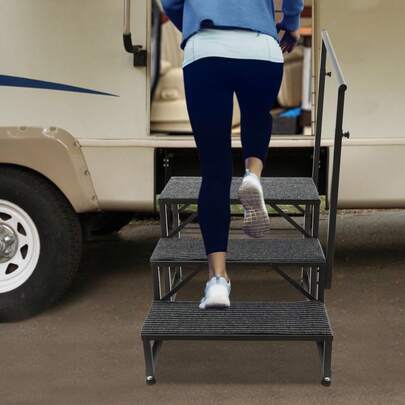 LianDu-US Portable Step Ladder, 3 Steps Porch Steps, Swimming Pool Ladder With Handrail And 3 Soft Cushions For RV Entrances, Swimming Pools, Stages, Storage Rooms, Trucks, 50.59in Height (Black)
