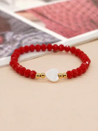 1件时尚女士手链，红色串珠搭配白色心形吊坠，奢华百搭，日常配饰