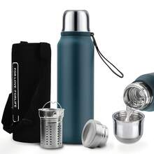 SSGP Termo de Acero Inoxidable 1000ML,Termo para Agua con Infusor de Té,Botella de Agua,Cierre Hermético,Sin BPA,Manténgase caliente y frío(24 horas),con manga de botella,A prueba de derrames - Azul Marino - Ver 1