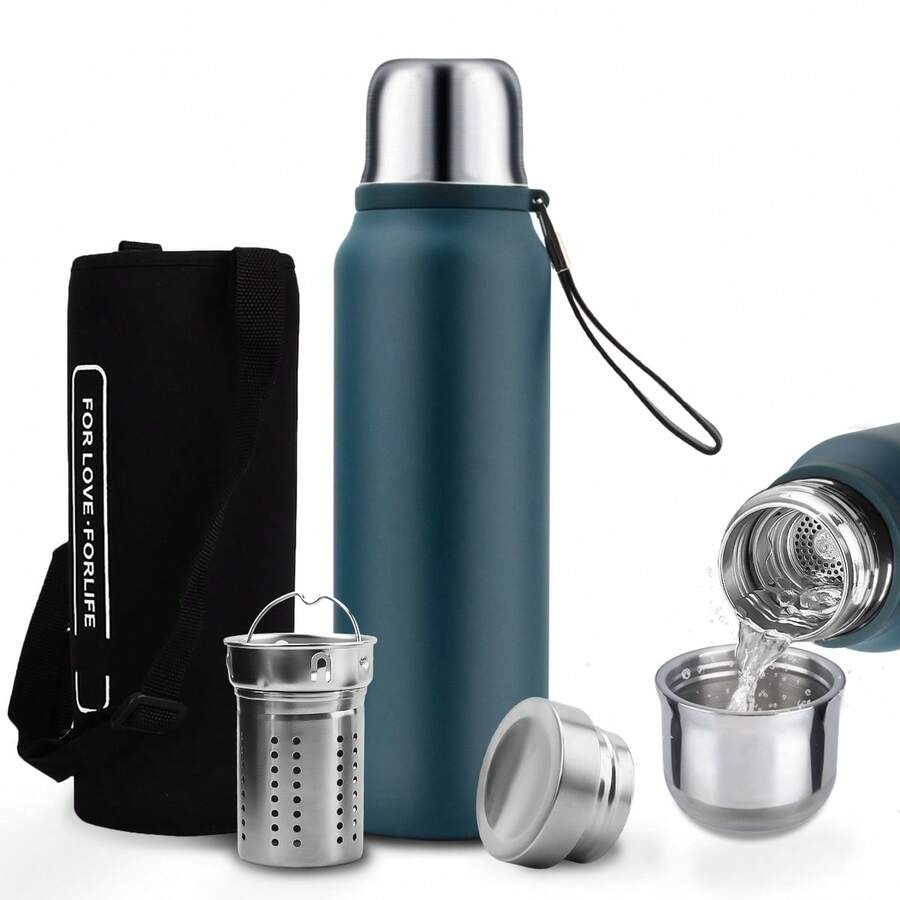 SSGP Termo de Acero Inoxidable 1000ML,Termo para Agua con Infusor de Té,Botella de Agua,Cierre Hermético,Sin BPA,Manténgase caliente y frío(24 horas),con manga de botella,A prueba de derrames - Azul Marino - Ver 1