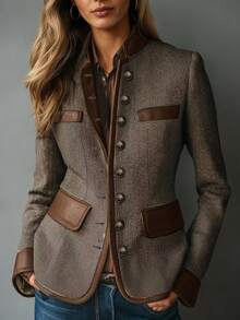 Women's Elegant Commuter Contrast Color Patchwork Double Fake Pocket Front Button Fitted Blazer Spring - Khaki - View 2