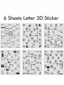 6张黑白艺术字母美甲贴纸，3D哥特式英文单词、字母、爱心、几何线条、抽象人脸设计，DIY Y2K风格自粘美甲贴纸，情人节、婚礼、节日装饰，美甲用品，送给女性和女孩的礼物 - 黑與白 - 查看 3