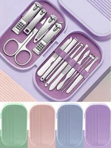 8/14 piezas Juego de herramientas de manicura de acero inoxidable, incluye cortaúñas, tijeras, cortaúñas de pies y herramientas para el cuidado de los pies - Estuche de viaje portátil unisex para el aseo con estuche de almacenamiento - Multicolor - Ver 1